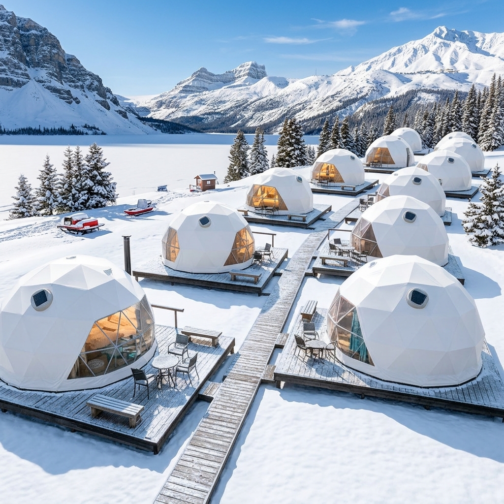 Tienda de glamping en un paisaje nevado de montaña